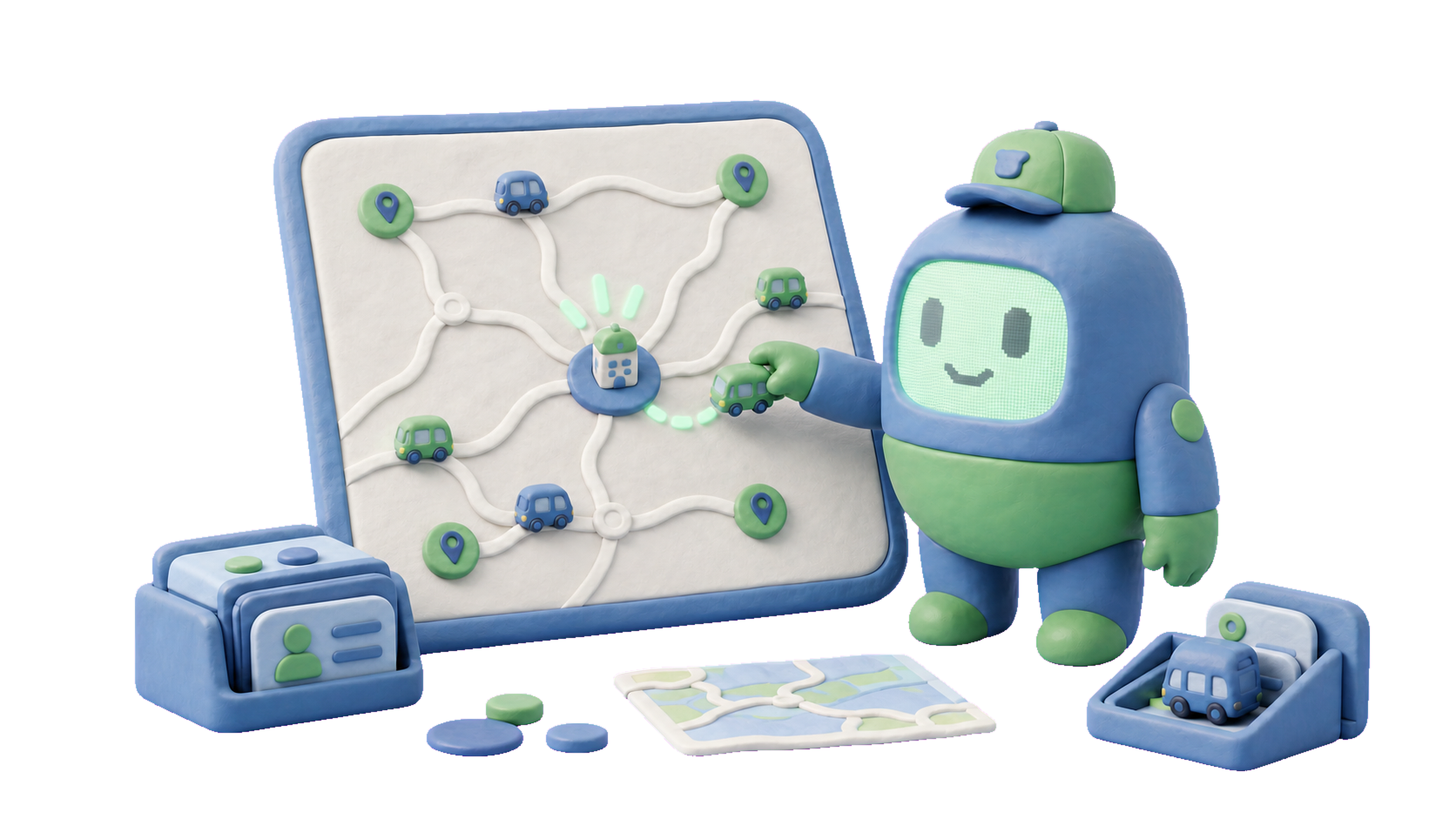 Toby organiza un mapa de rutas con vehículos y puntos de operación