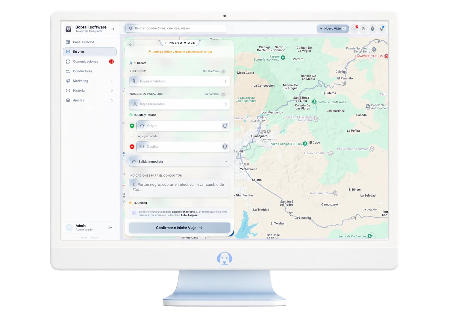 Creación de un nuevo viaje en Bobtail Ride con cliente, ruta, horario e indicaciones para el conductor