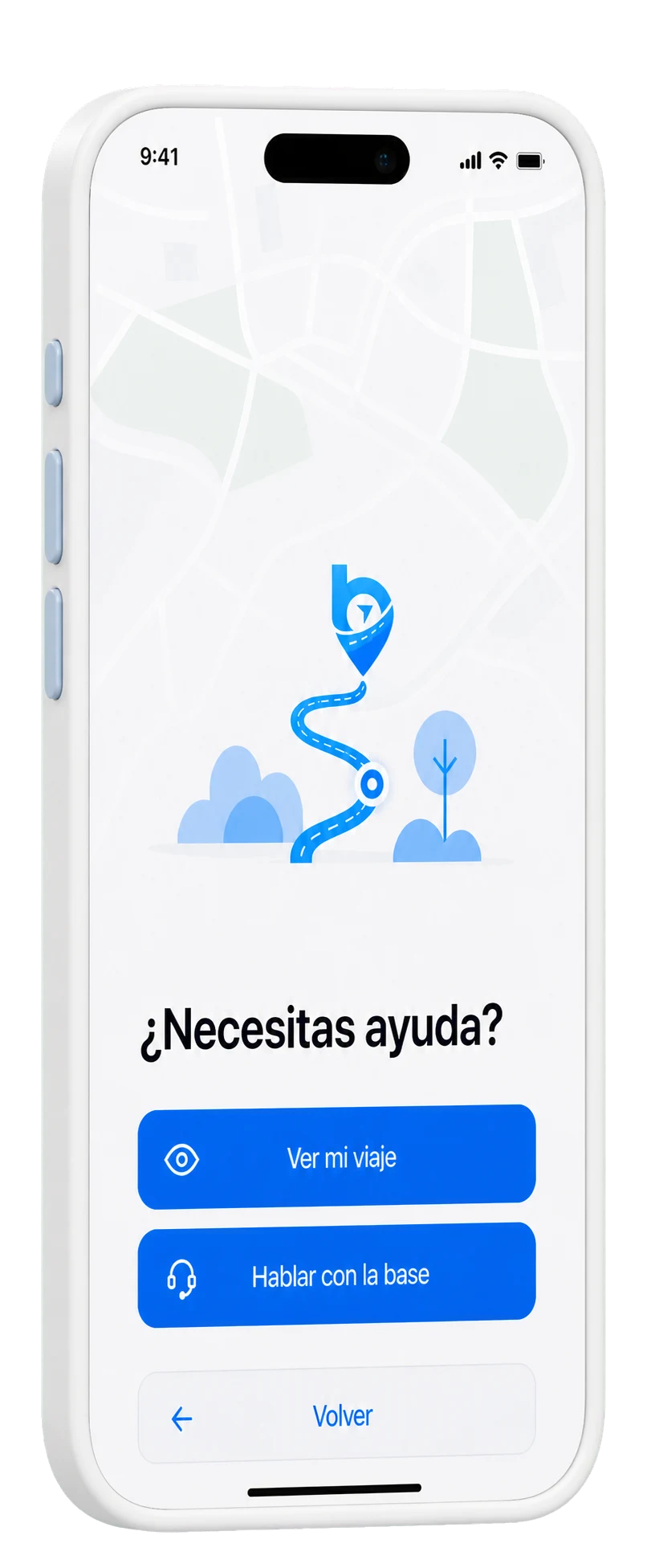 Concepto visual de una pantalla móvil con opciones de ayuda relacionadas con un viaje