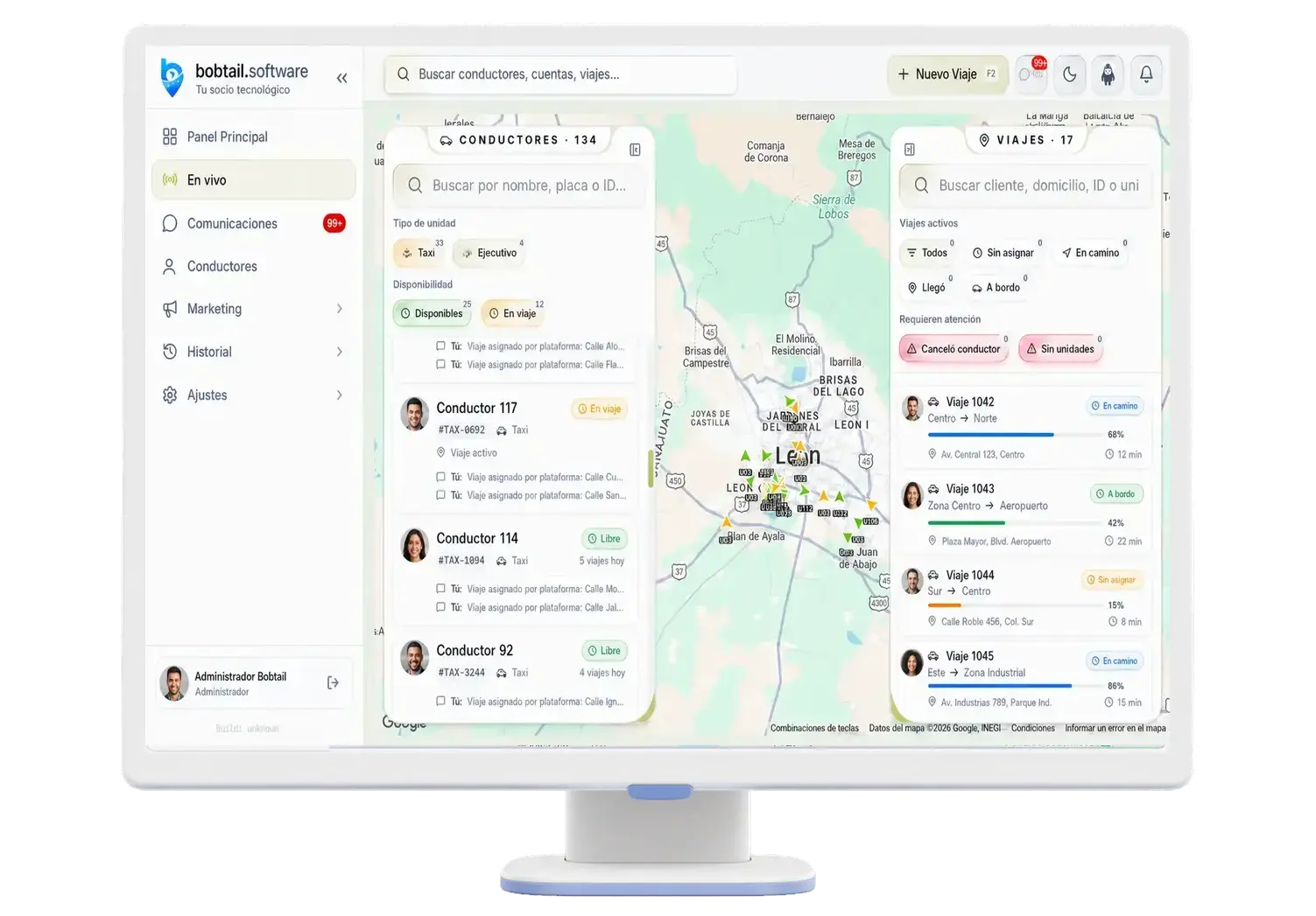 Computadora Clay con el panel En vivo de Bobtail, conductores, viajes y mapa operativo