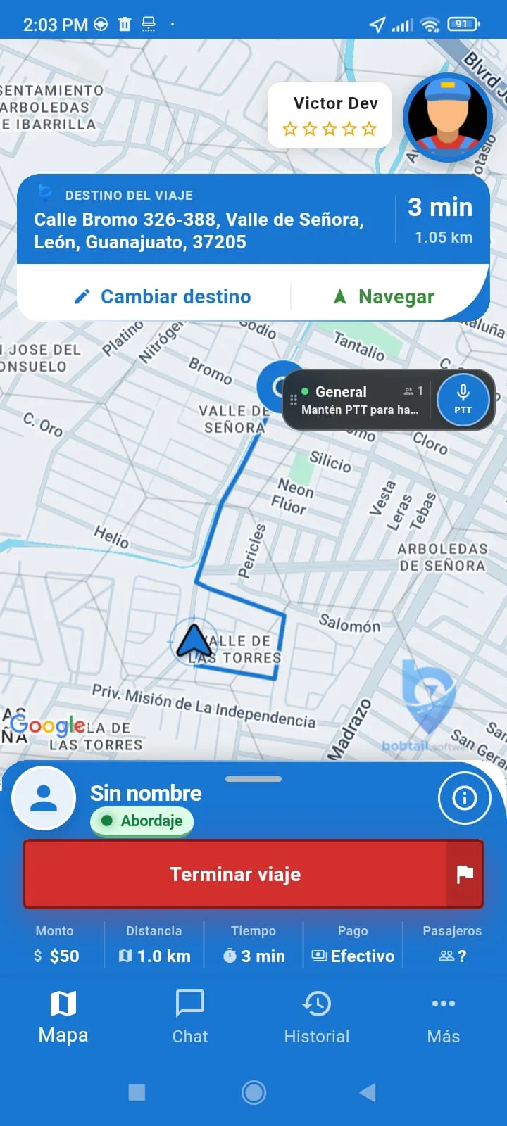 Aplicación del conductor con viaje activo, destino, navegación y control PTT